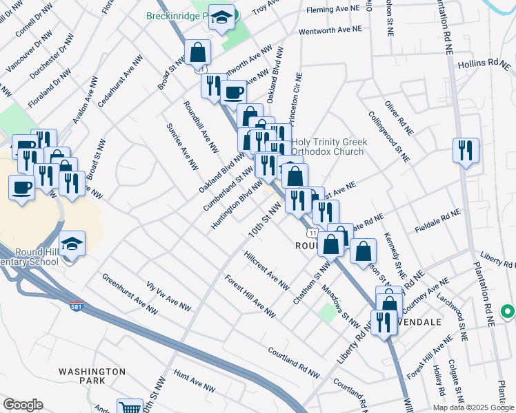 map of restaurants, bars, coffee shops, grocery stores, and more near 2898 Burton Avenue Northwest in Roanoke