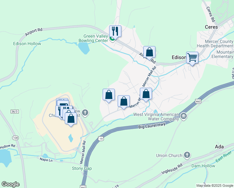 map of restaurants, bars, coffee shops, grocery stores, and more near 254 Maple View Road in Bluefield