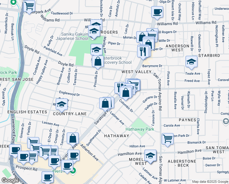 map of restaurants, bars, coffee shops, grocery stores, and more near 1318 Burkette Drive in San Jose