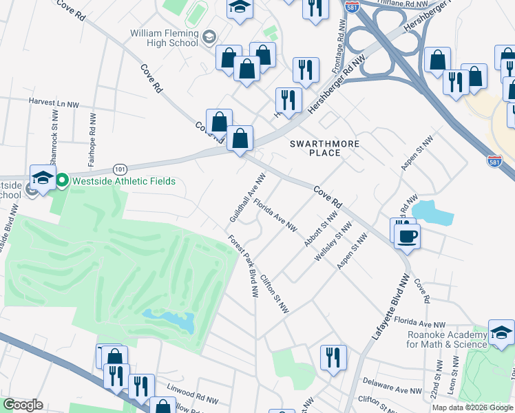 map of restaurants, bars, coffee shops, grocery stores, and more near 1578 Golfside Avenue Northwest in Roanoke