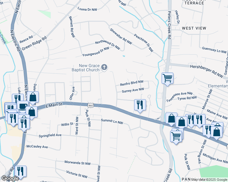 map of restaurants, bars, coffee shops, grocery stores, and more near 1304 Gun Club Road Northwest in Roanoke