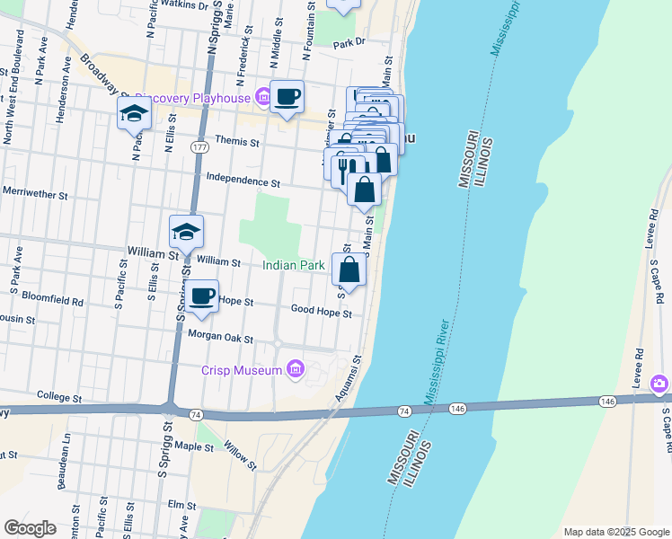 map of restaurants, bars, coffee shops, grocery stores, and more near 151 South Spanish Street in Cape Girardeau