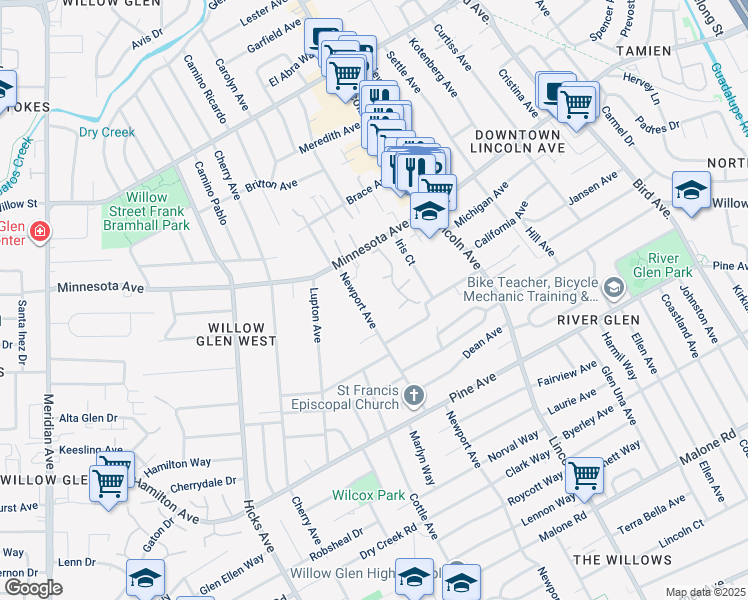 map of restaurants, bars, coffee shops, grocery stores, and more near 1486 Newport Avenue in San Jose