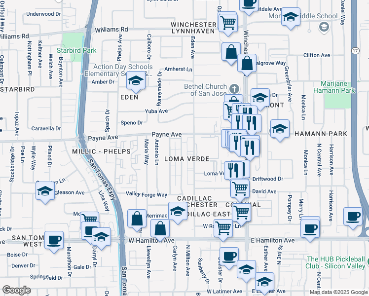 map of restaurants, bars, coffee shops, grocery stores, and more near 1350 Lexington Drive in San Jose