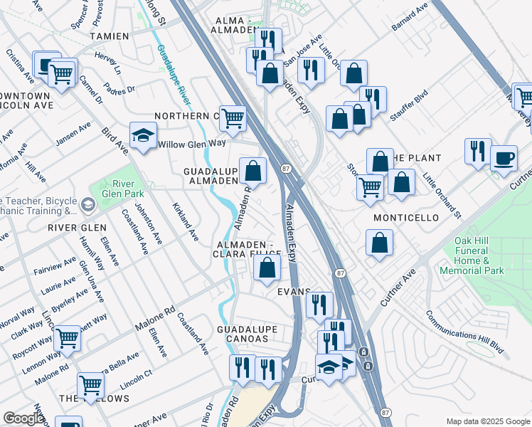 map of restaurants, bars, coffee shops, grocery stores, and more near 1850 Almaden Road in San Jose