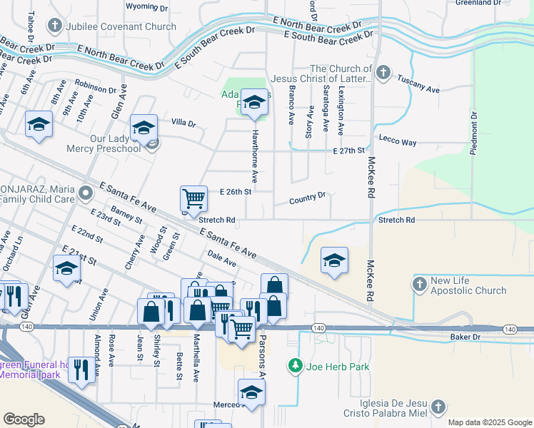 map of restaurants, bars, coffee shops, grocery stores, and more near 1755 Stretch Road in Merced
