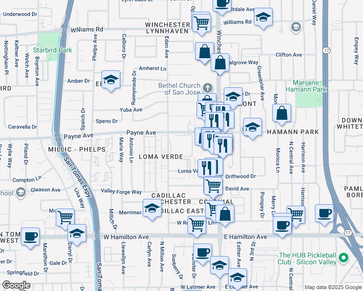 map of restaurants, bars, coffee shops, grocery stores, and more near 1313 South Winchester Boulevard in San Jose