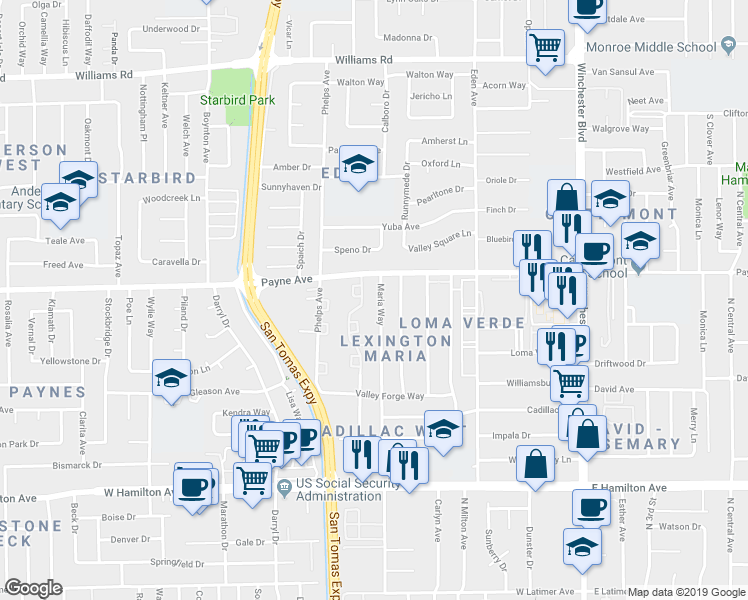 map of restaurants, bars, coffee shops, grocery stores, and more near 1333 Maria Way in San Jose