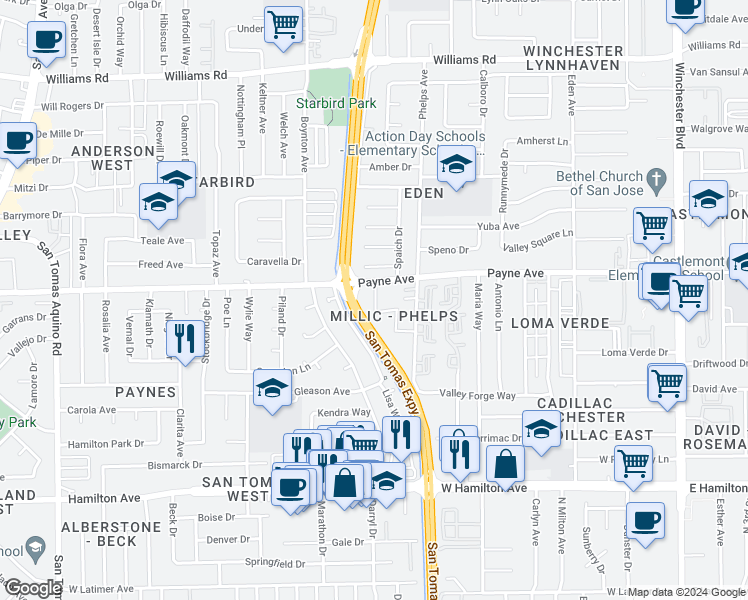map of restaurants, bars, coffee shops, grocery stores, and more near 3596 Payne Avenue in San Jose