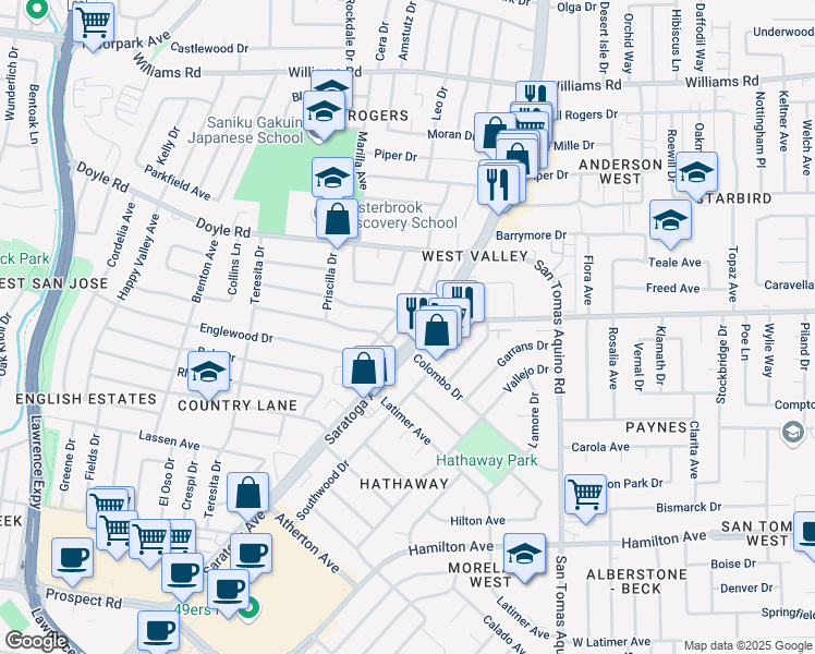 map of restaurants, bars, coffee shops, grocery stores, and more near 1318 Burkette Drive in San Jose
