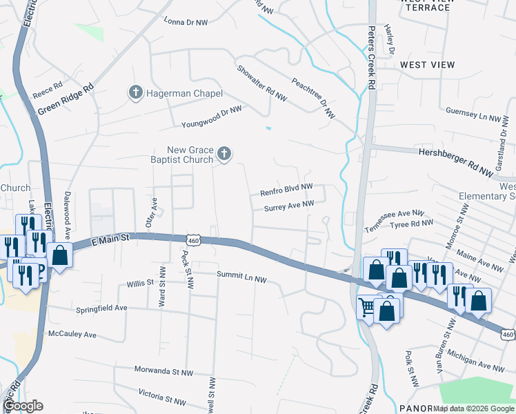 map of restaurants, bars, coffee shops, grocery stores, and more near 1304 Gun Club Road Northwest in Roanoke