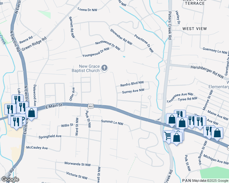 map of restaurants, bars, coffee shops, grocery stores, and more near 1304 Gun Club Road Northwest in Roanoke