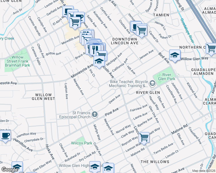 map of restaurants, bars, coffee shops, grocery stores, and more near 1116 Nevada Avenue in San Jose