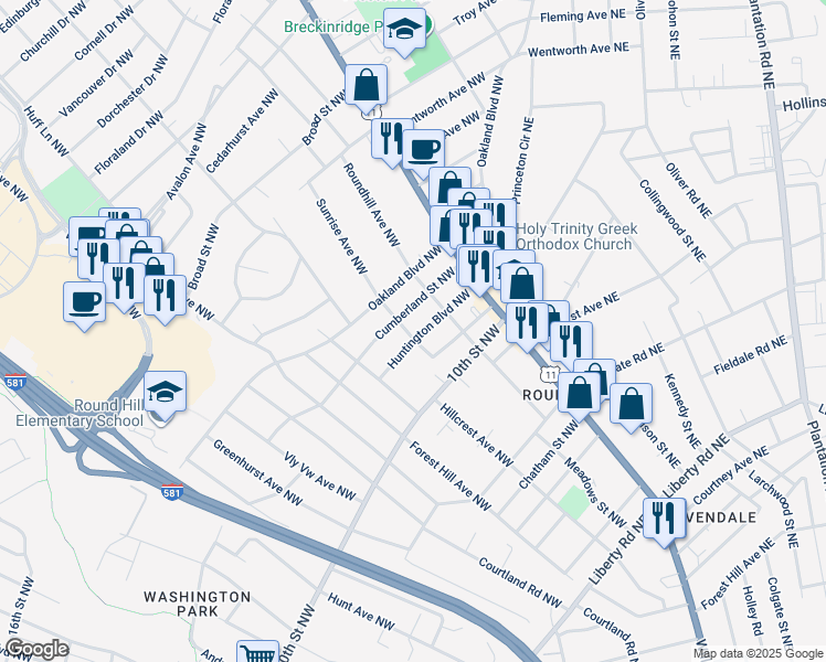 map of restaurants, bars, coffee shops, grocery stores, and more near 2804 Huntington Boulevard Northwest in Roanoke