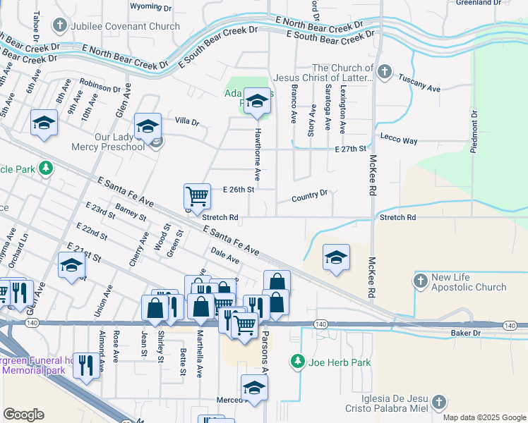 map of restaurants, bars, coffee shops, grocery stores, and more near 1755 Stretch Road in Merced
