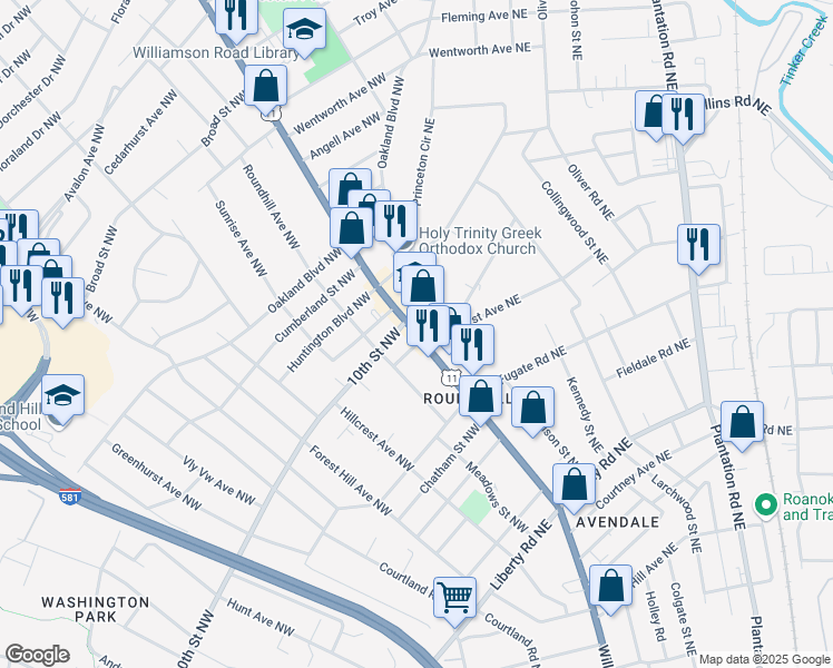 map of restaurants, bars, coffee shops, grocery stores, and more near 3229 Williamson Road in Roanoke