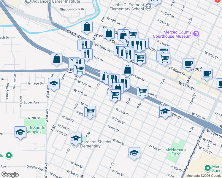 map of restaurants, bars, coffee shops, grocery stores, and more near 1160 West 13th Street in Merced
