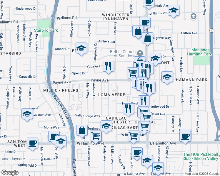 map of restaurants, bars, coffee shops, grocery stores, and more near 1350 Lexington Drive in San Jose