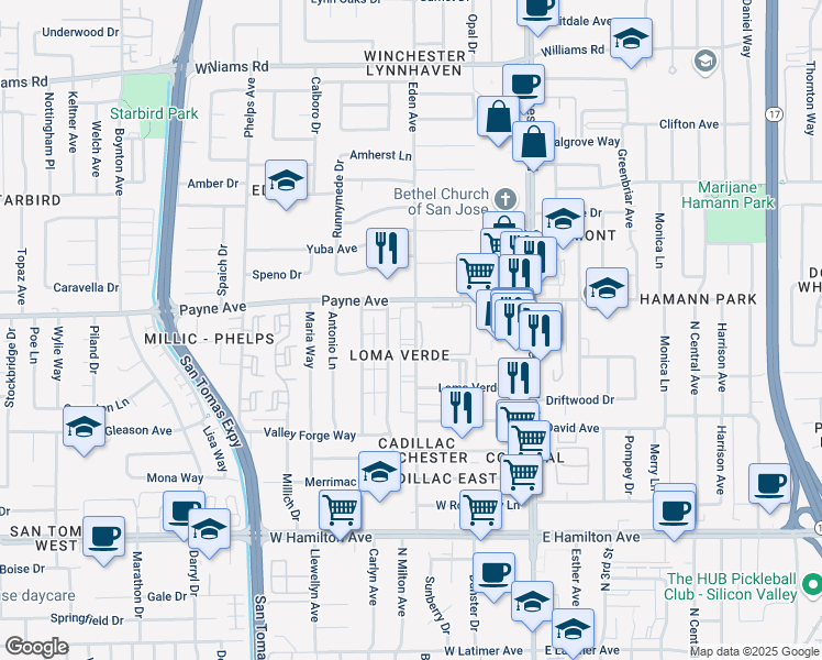 map of restaurants, bars, coffee shops, grocery stores, and more near 1315 Eden Avenue in San Jose