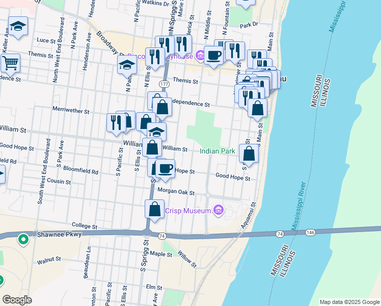 map of restaurants, bars, coffee shops, grocery stores, and more near 203 South Middle Street in Cape Girardeau