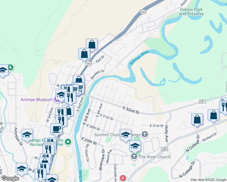 map of restaurants, bars, coffee shops, grocery stores, and more near 3281 E 5th Ave in Durango