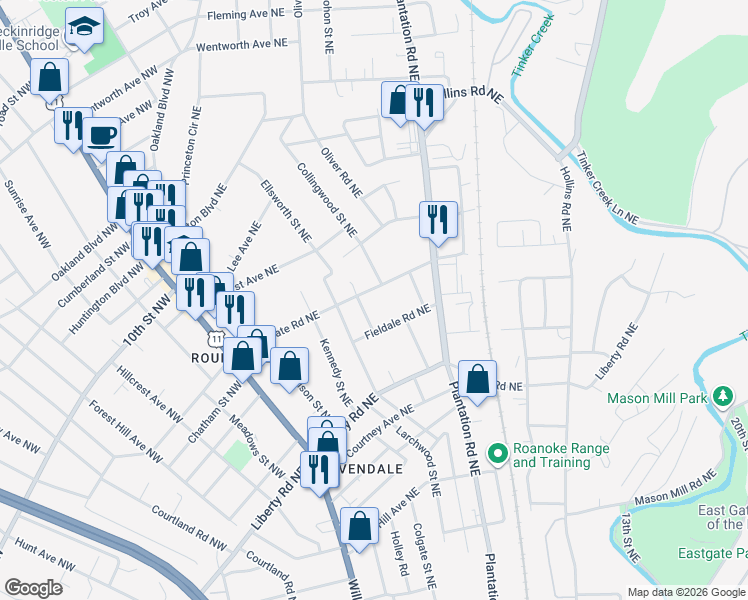 map of restaurants, bars, coffee shops, grocery stores, and more near 420 Fieldale Road Northeast in Roanoke