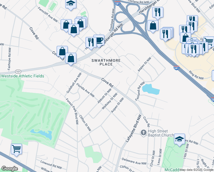 map of restaurants, bars, coffee shops, grocery stores, and more near 2910 Cove Road in Roanoke