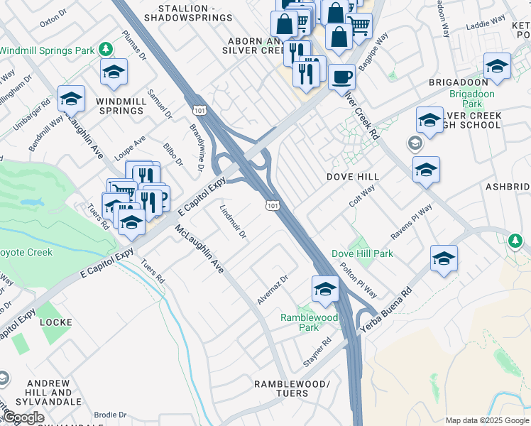 map of restaurants, bars, coffee shops, grocery stores, and more near 1337 Isengard Court in San Jose