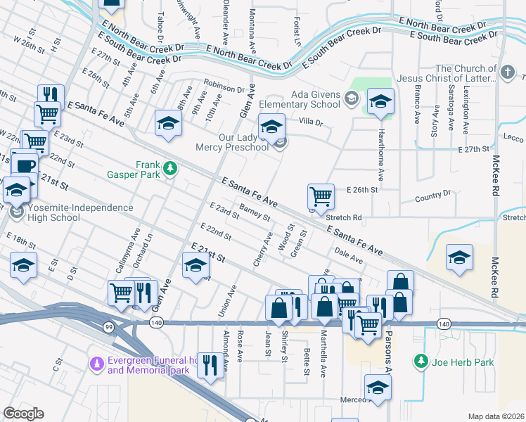 map of restaurants, bars, coffee shops, grocery stores, and more near 1033 Barney Street in Merced