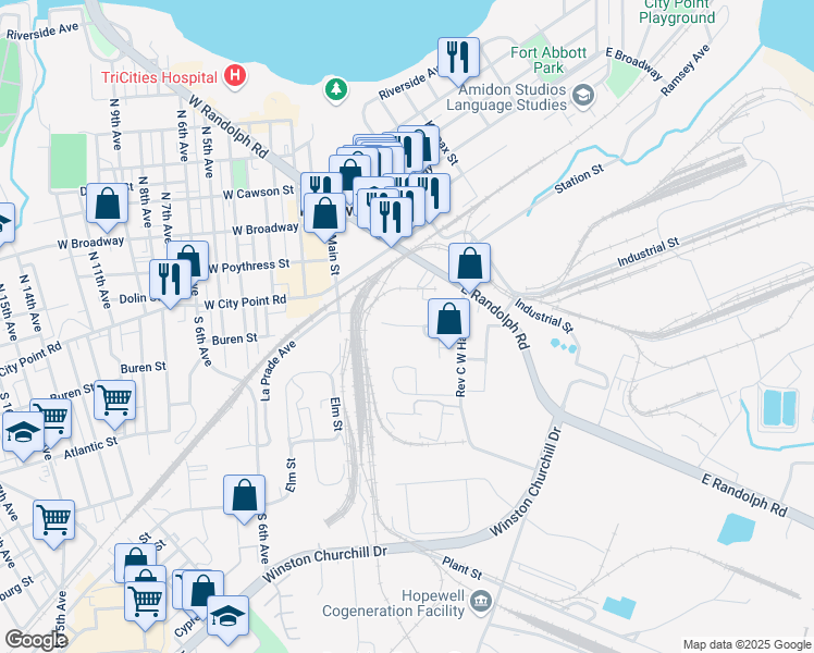 map of restaurants, bars, coffee shops, grocery stores, and more near 100 Ruth Harris Way in Hopewell