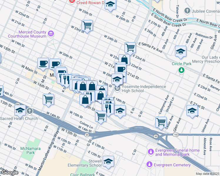 map of restaurants, bars, coffee shops, grocery stores, and more near 24 West 19th Street in Merced