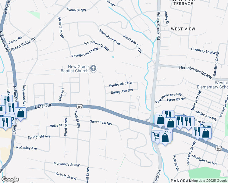 map of restaurants, bars, coffee shops, grocery stores, and more near 4701 Surrey Avenue Northwest in Roanoke