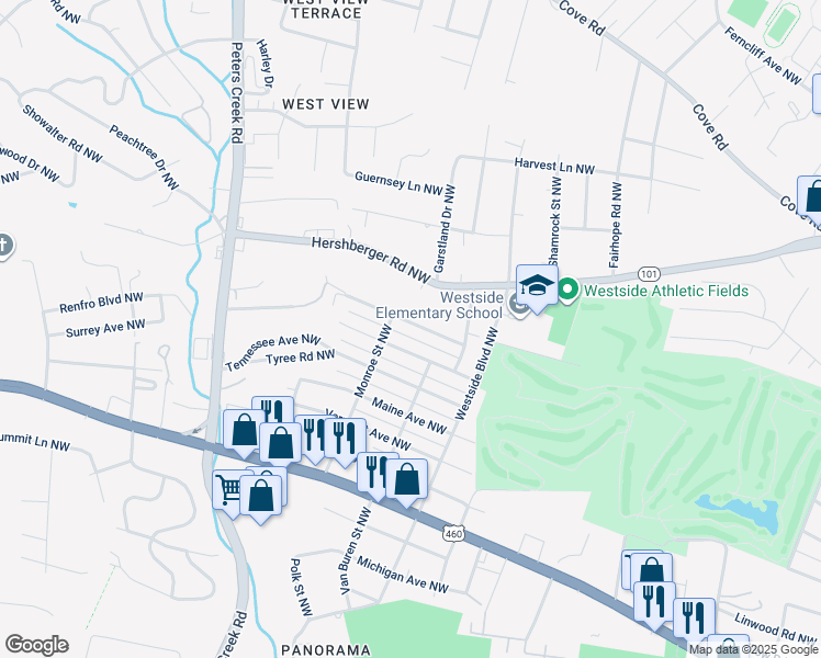 map of restaurants, bars, coffee shops, grocery stores, and more near 4026 Wyoming Avenue Northwest in Roanoke