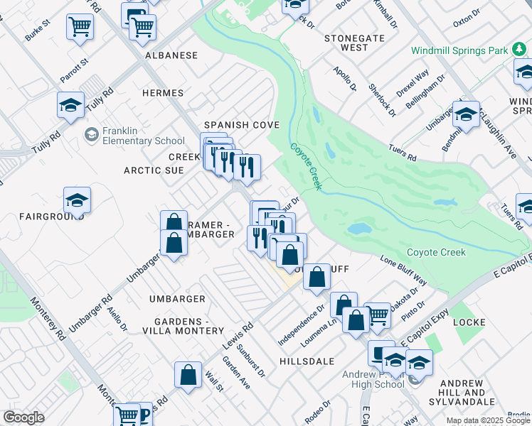 map of restaurants, bars, coffee shops, grocery stores, and more near 619 Balfour Drive in San Jose