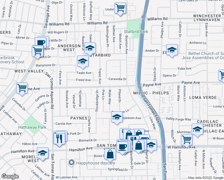 map of restaurants, bars, coffee shops, grocery stores, and more near 1314 Wylie Way in San Jose