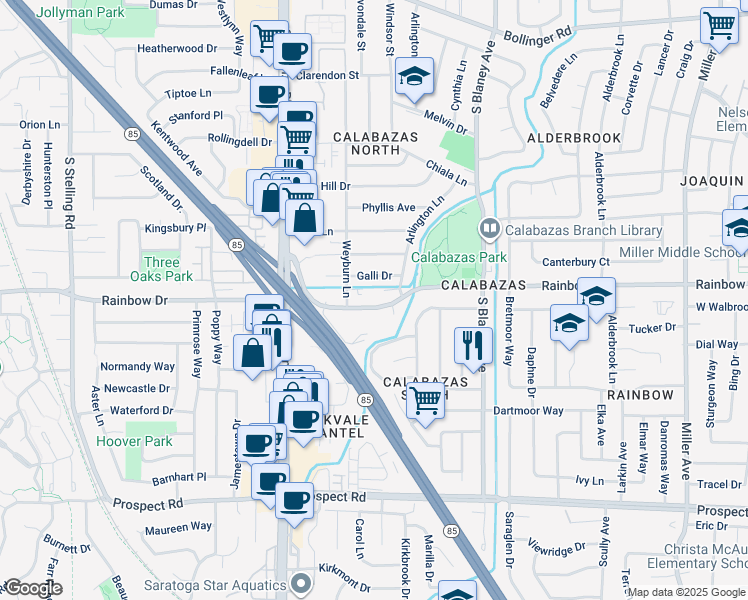 map of restaurants, bars, coffee shops, grocery stores, and more near 7101 Rainbow Drive in San Jose