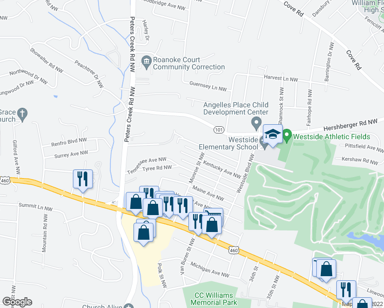 map of restaurants, bars, coffee shops, grocery stores, and more near 4117 Kentucky Avenue Northwest in Roanoke
