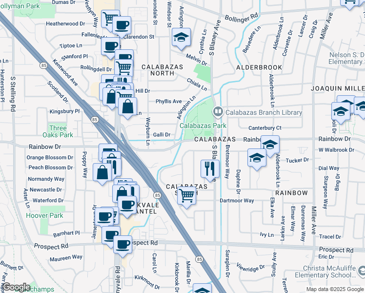 map of restaurants, bars, coffee shops, grocery stores, and more near 6936 Rainbow Drive in San Jose