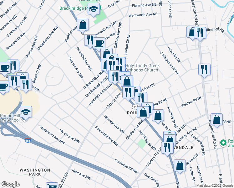 map of restaurants, bars, coffee shops, grocery stores, and more near 2918 10th Street Northwest in Roanoke