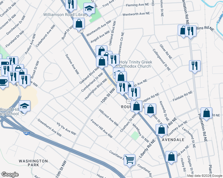 map of restaurants, bars, coffee shops, grocery stores, and more near 2918 10th Street Northwest in Roanoke