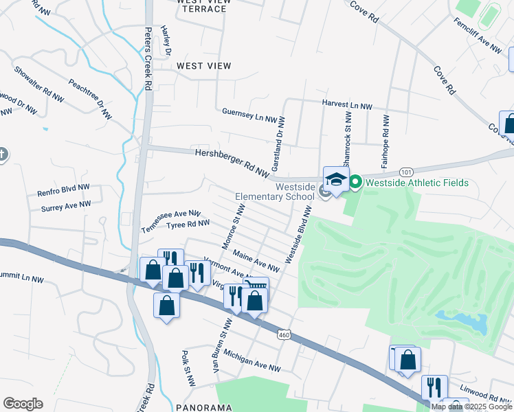 map of restaurants, bars, coffee shops, grocery stores, and more near 4026 Wyoming Avenue Northwest in Roanoke