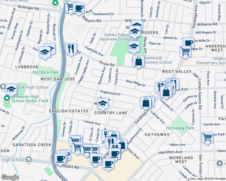 map of restaurants, bars, coffee shops, grocery stores, and more near 1335 Teresita Drive in San Jose
