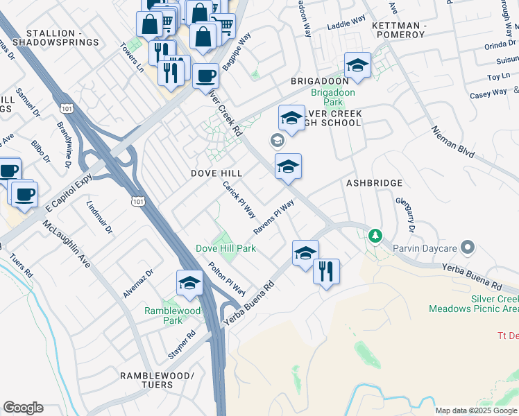map of restaurants, bars, coffee shops, grocery stores, and more near 3735 Ruther Place Way in San Jose