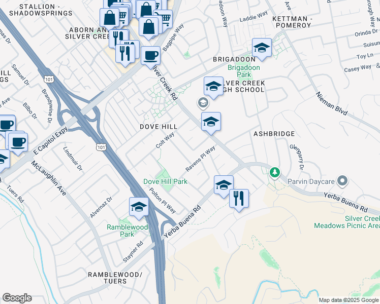 map of restaurants, bars, coffee shops, grocery stores, and more near 3735 Ruther Place Way in San Jose