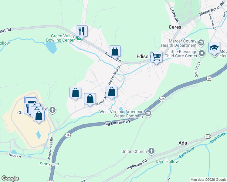 map of restaurants, bars, coffee shops, grocery stores, and more near 1008 Mercer Mall Road in Bluefield