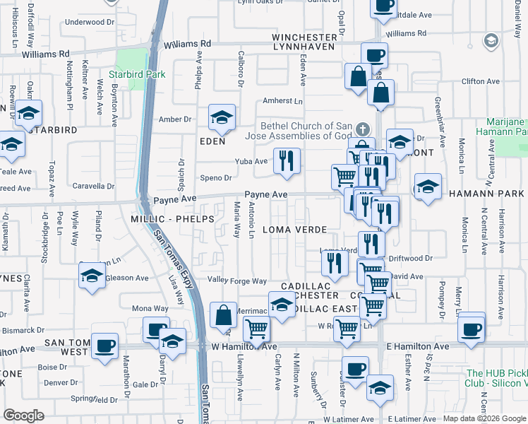 map of restaurants, bars, coffee shops, grocery stores, and more near 1336 Antonio Lane in San Jose