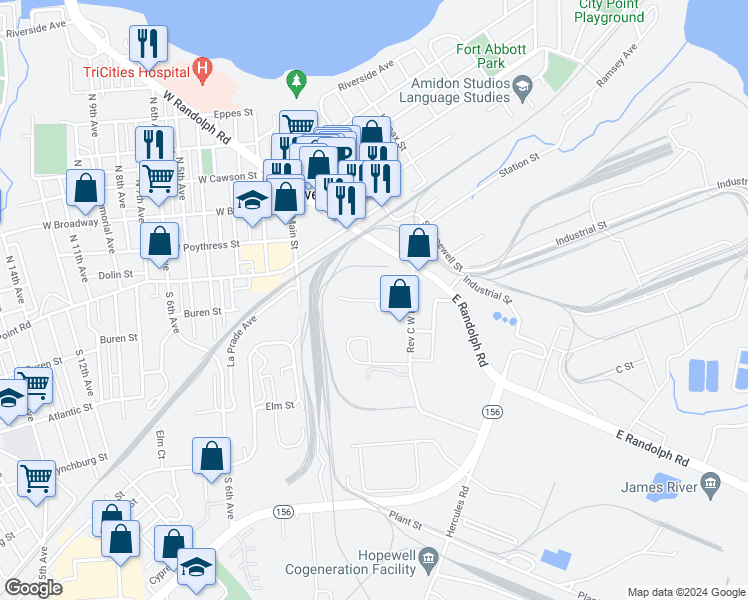 map of restaurants, bars, coffee shops, grocery stores, and more near 100 Ruth Harris Way in Hopewell