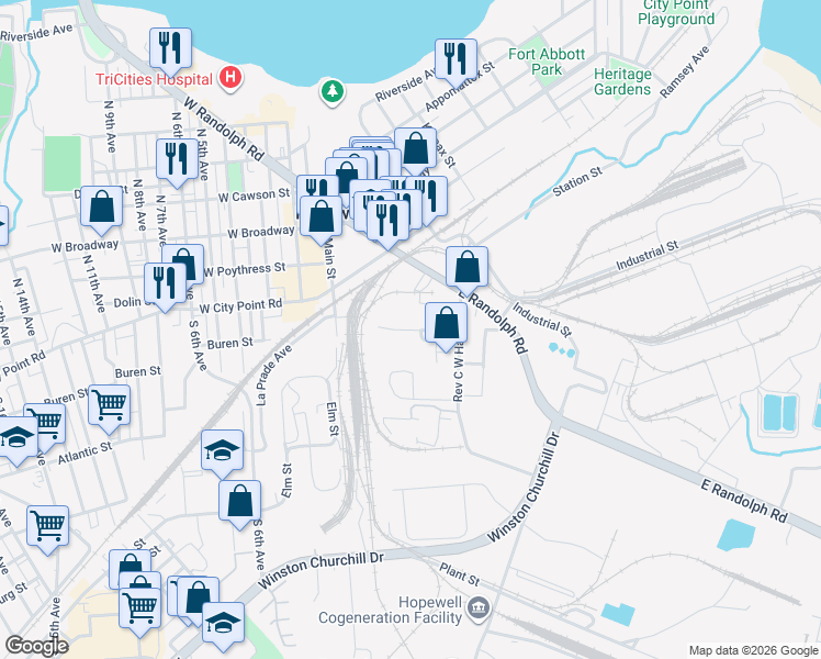 map of restaurants, bars, coffee shops, grocery stores, and more near 100 Ruth Harris Way in Hopewell