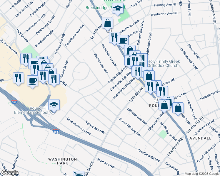 map of restaurants, bars, coffee shops, grocery stores, and more near 2719 Cumberland Street Northwest in Roanoke