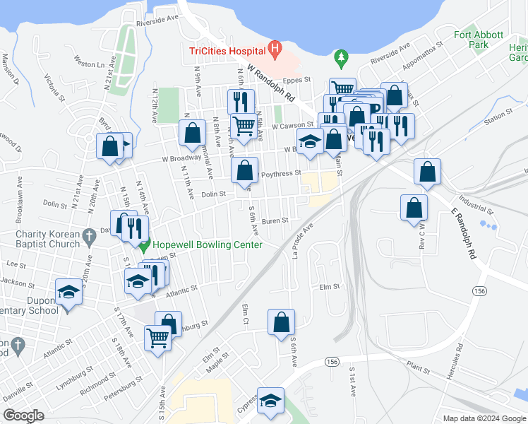 map of restaurants, bars, coffee shops, grocery stores, and more near 106 South 5th Avenue in Hopewell